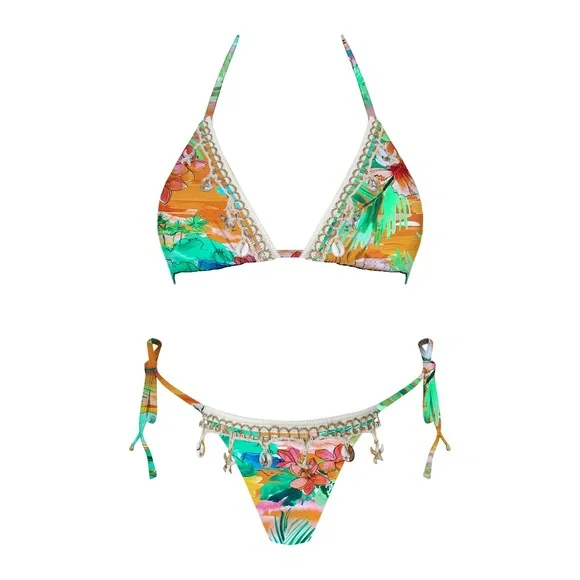 Tropical Palm Mid Summer Shell Trim Triangle Bikini Swimsuit Set - Picture 3 of 3